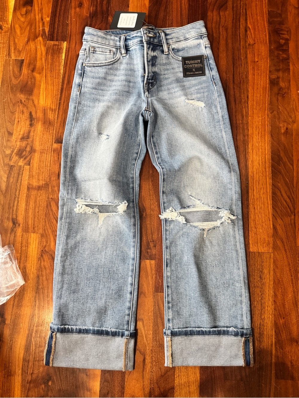 NWT, Lia Risen Tummy Control Light Blue Distressed Jeans